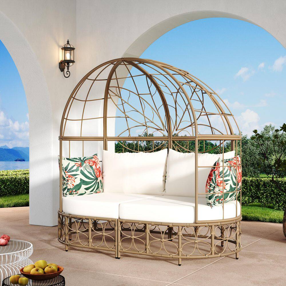Brown Wicker Outdoor Day Bed with Beige Cushions, Curtain and Colorful Pillows price history on PriceWatchPro