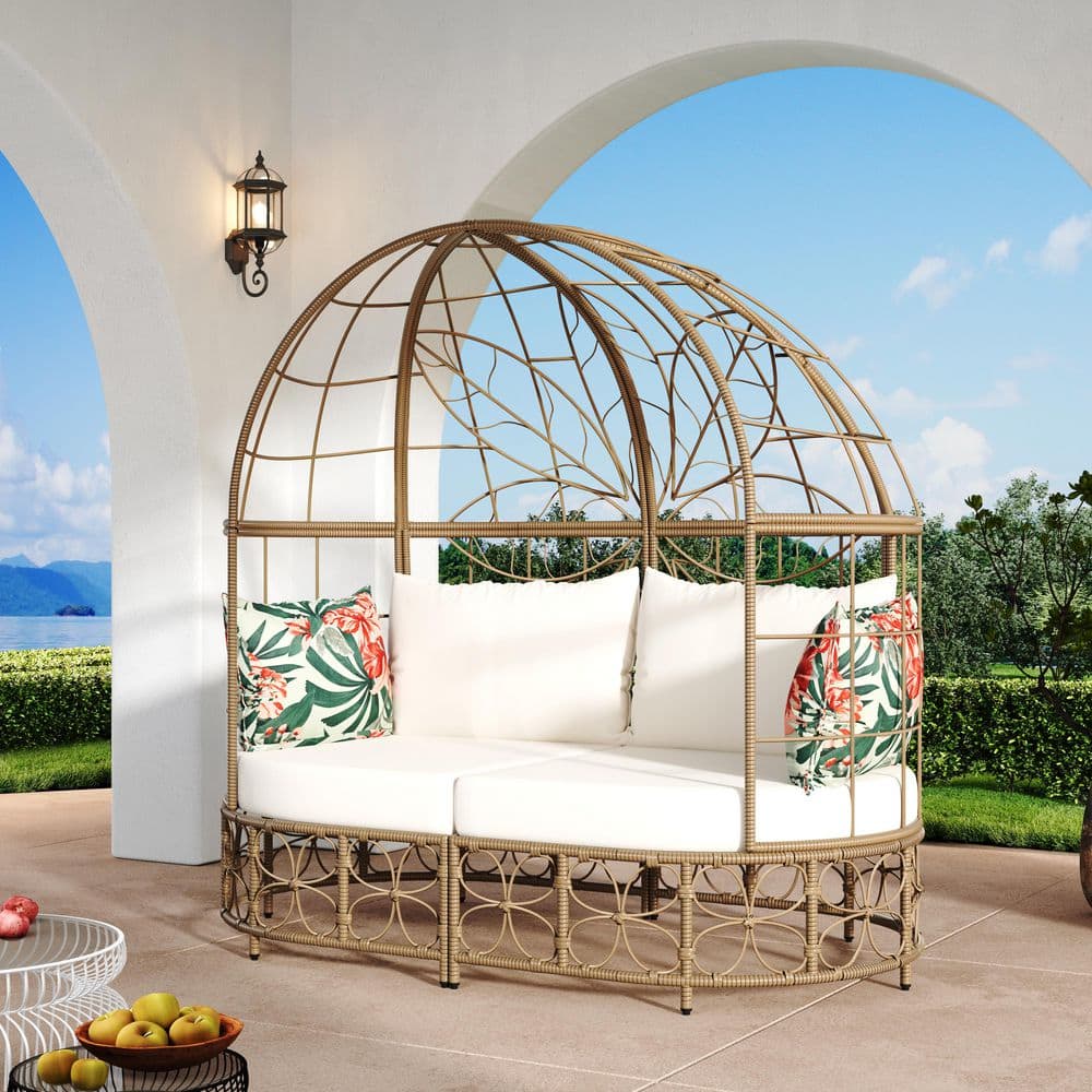 Brown Wicker Outdoor Day Bed with Beige Cushions, Curtain and Colorful Pill