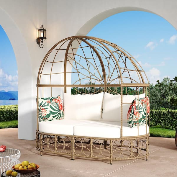 Unbranded Brown Wicker Outdoor Day Bed with Beige Cushions, Curtain and Colorful Pillows