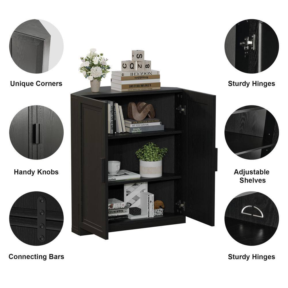 Black storage cabinet shown open with interior shelves and detail callouts.