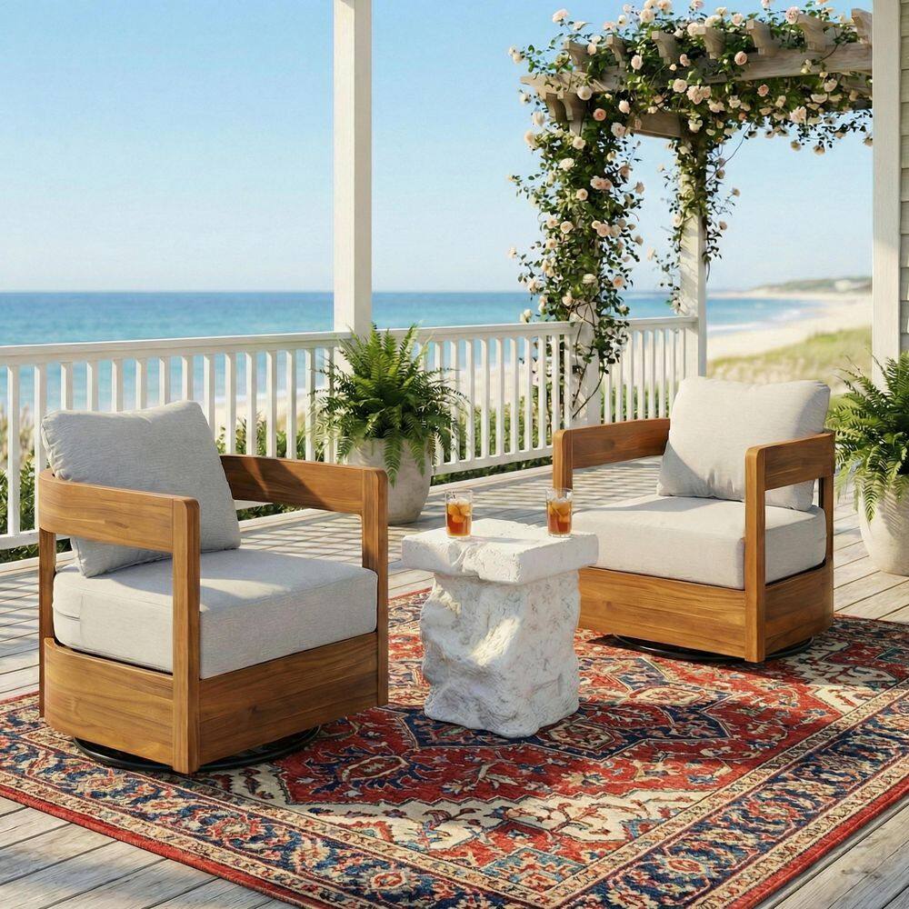 Kingsley 3 Piece Teak Finish Wood Patio Chat Set Swivel Outdoor Lounge Chairs with Beige Cushions, White MGO Side Table price history on PriceWatchPro
