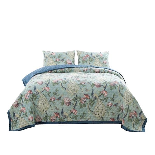 Benjara 2-Piece Green and Blue Solid Twin Size Microfiber Quilt Set