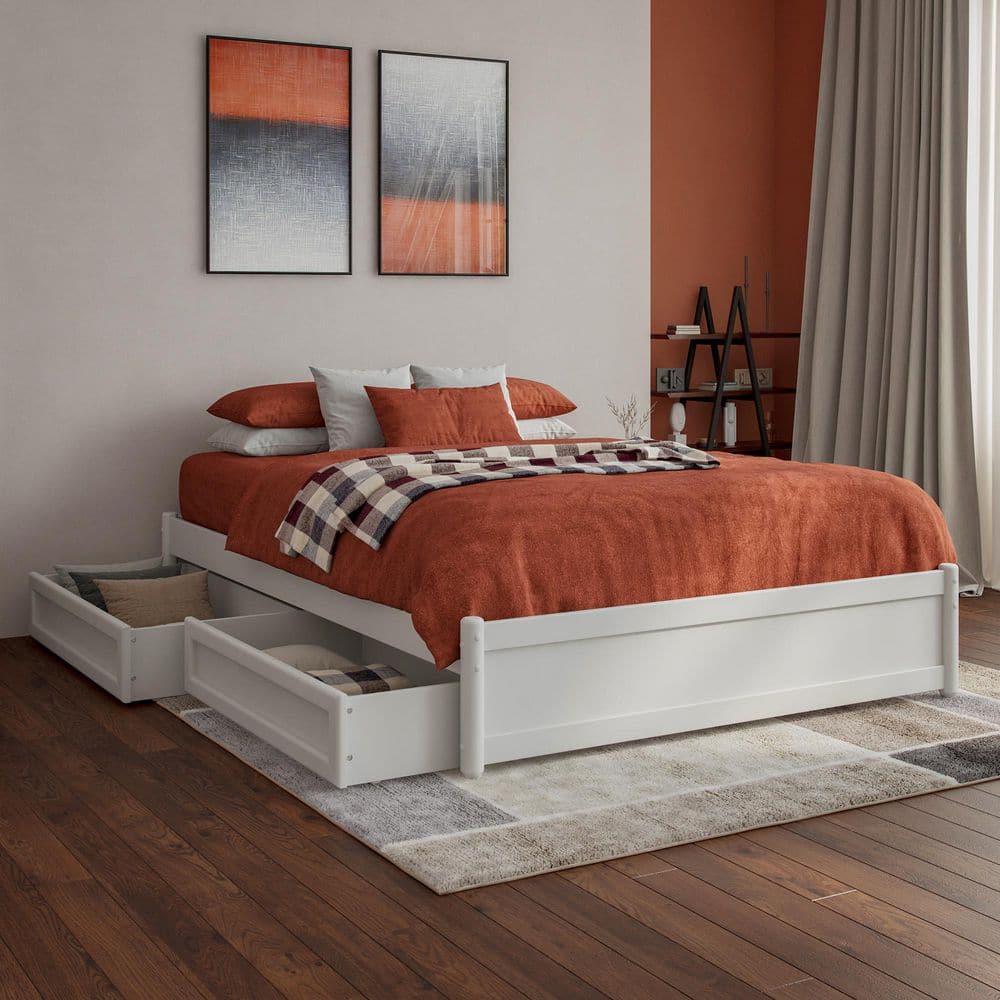 Barcelona White Full Wood Panel Platform Bed with Storage Drawers