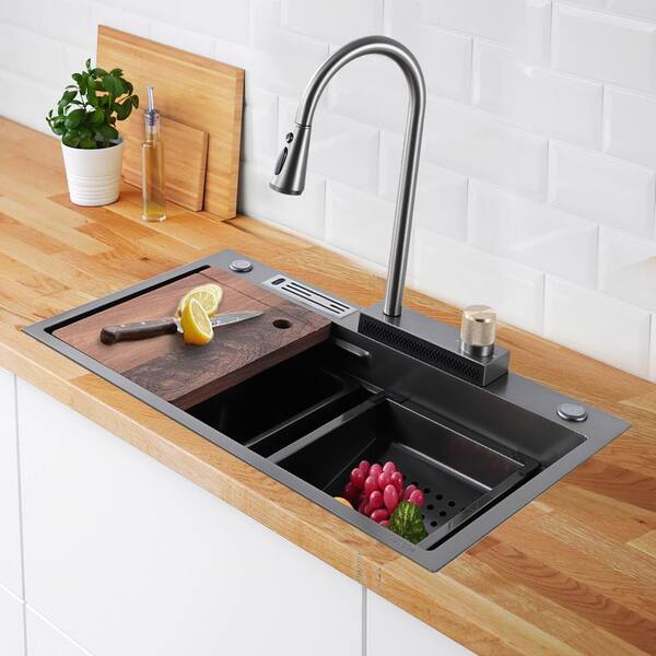 Siavonce 29.5 in.D Kitchen Sink Flying Rain Waterfall Kitchen Sink Set 304 Stainless Steel Sink with Pull Down Faucet&Accessories, Gunmetal Black