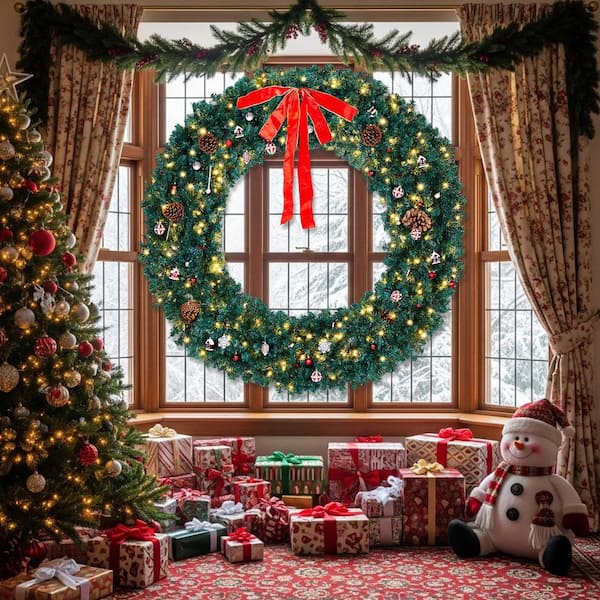72 in. Pre-lit Artificial Christmas Wreath with Red Bow 1200 Branches 300 LED Lights