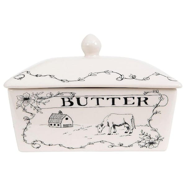 1.5 oz. White/Black Stoneware Butter Dish with Lid, Spread the Love Message, and Farm Line Drawing