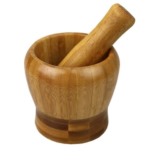 Natural Brown Non-Skid Rustic No-Spill Large Bamboo Mortar and Pestle