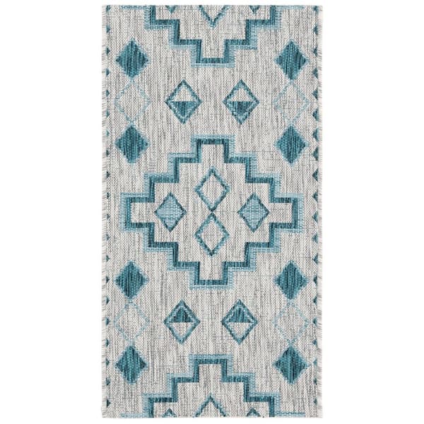 Courtyard Gray/Teal 2 ft. x 4 ft. Aztec Tribal Indoor/Outdoor Area Rug