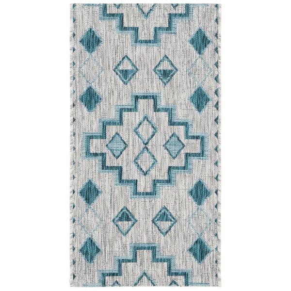 SAFAVIEH Courtyard Gray/Teal 3 ft. x 5 ft. Aztec Tribal Indoor/Outdoor ...
