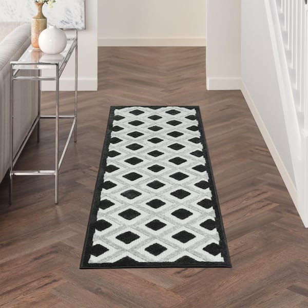Aloha Black White 2 ft. x 8 ft. Kitchen Runner Geometric Contemporary Indoor/Outdoor Patio Area Rug