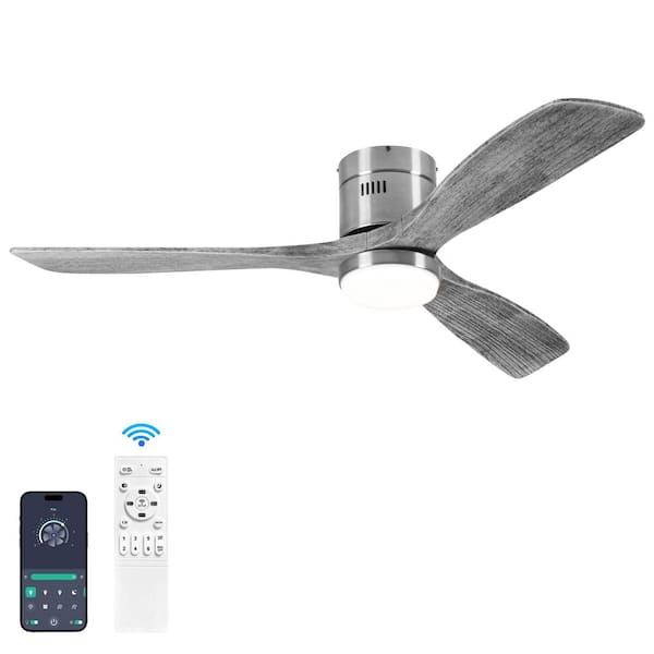  52 in. Smart Indoor Gray Low Profile Standar Dimmable LED Ceiling Fan with Solid Wood Blades and APP/Remote Control