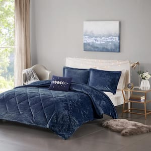 Isabel 4-Piece Navy Velvet King/Cal King Soft Velvet Lustrous Comforter Set with Throw Pillow