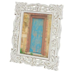 8" x 10" White Handmade Intricate Carved Scroll Mango Wood Photo Frame