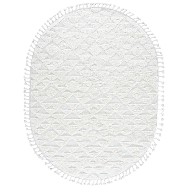 Moroccan Tassel Shag 6 x 8 Ivory Tribal Oval Rug