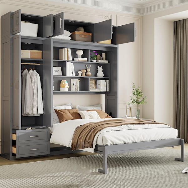 Gray Wood Frame Queen Size Wall Murphy Bed with Top Cabinet, Shelves and Wardrobe