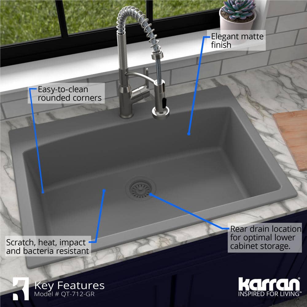 Gray Quartz Composite Single Bowl Kitchen Sink