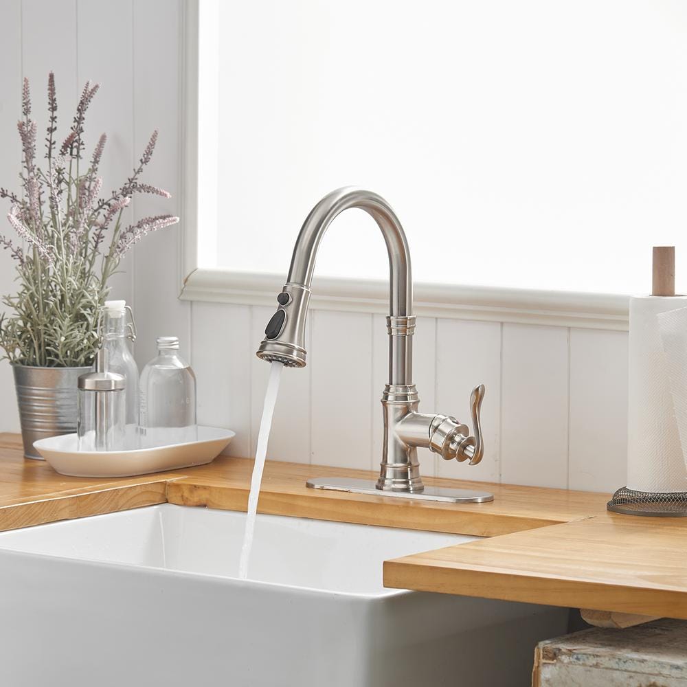 Brushed Nickel High-Arc Kitchen Faucet with Pull-Out Spray