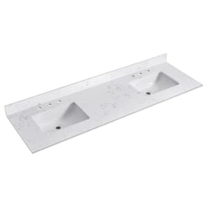 72 in. W x 22 in. D Engineered Stone Composite White Rectangular Double Sinks Bath Vanity Top in White