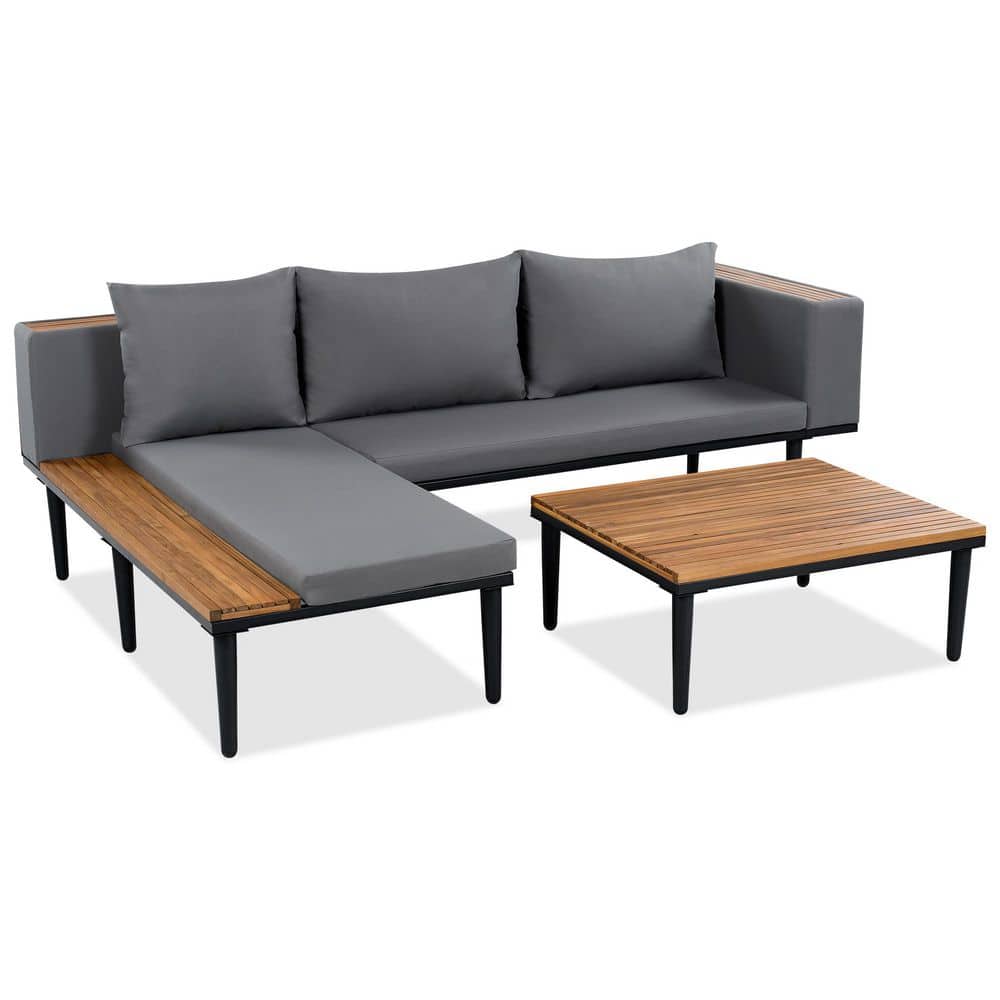 Brown Acacia Wood L-Shaped Outdoor Sectional Set with Gray Removable Cushions and Coffee Table for Backyard, Porch