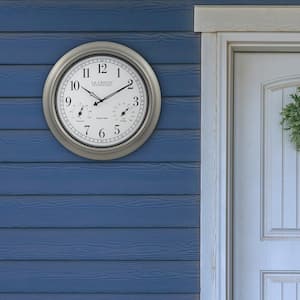 18-Inch Indoor/Outdoor Classic Plastic Pewter Atomic Analog Clock with Thermometer & Hygrometer