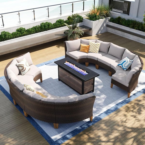 PHI VILLA Brown Rattan Wicker 10-Seat 11-Piece Steel Outdoor Fire Pit Patio Set with Beige Cushions and Rectangular Fire Pit Table