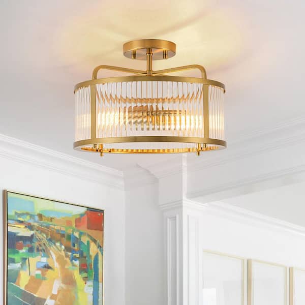 13.4 in. 2-Light Brass Drum Semi Flush Mount Light with Ribbed Glass Shade