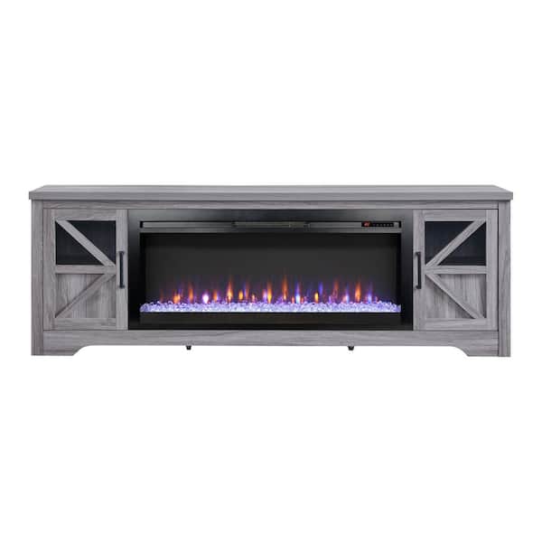 75 in. Freestanding Wooden TV Stand w/ Electric Fireplace, KD Inserts Heater and 2-Drawers – Fits TVs up to 80 in., Gray