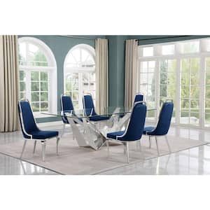 Meryl 7-Piece Rectangular Glass Top Stainless Steel Base Dining Set With 6-Navy Blue Velvet Chrome Iron Legs Chairs