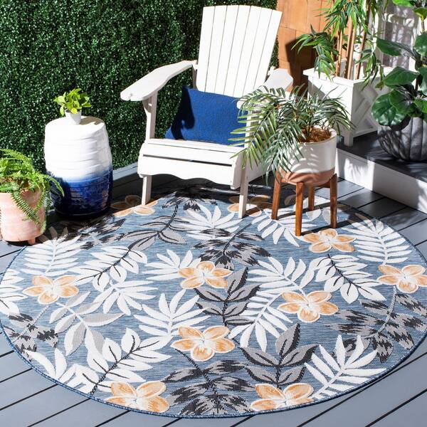 Cabana Blue/Gray 6 ft. x 6 ft. Botanical Floral Indoor/Outdoor Round Area Rug