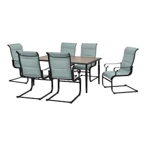 Glenridge Falls 7-Piece Metal Outdoor Dining Set with Wood Finish Table and Rocking Sling Chairs in Aloe