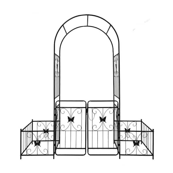 Metal Garden Arch with Gate and Plant Pot Garden Arbor Trellis Climbing Plants Support Rose Arch Black