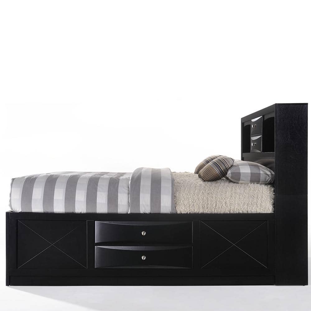 Elegant Full Double Captain's Bed with Upholstered Headboard and 8 Storage Drawers in Black