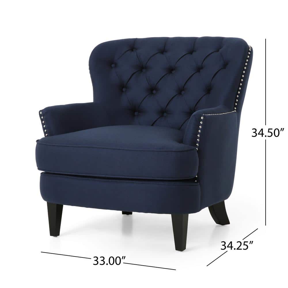 Dark Brown and Blue Handcrafted Wood Club Chair with Flared Arms