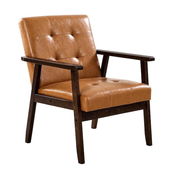 Mid-Century Modern Accent Chair, PU Leather Armchair with Wood Frame and Cushion for Living Room, Bedroom, Office