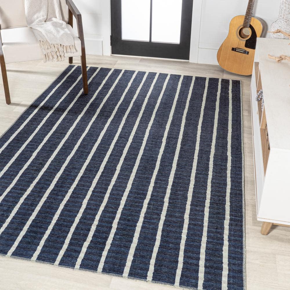 Ivory and Navy Striped 8' x 10' Machine-Washable Rug