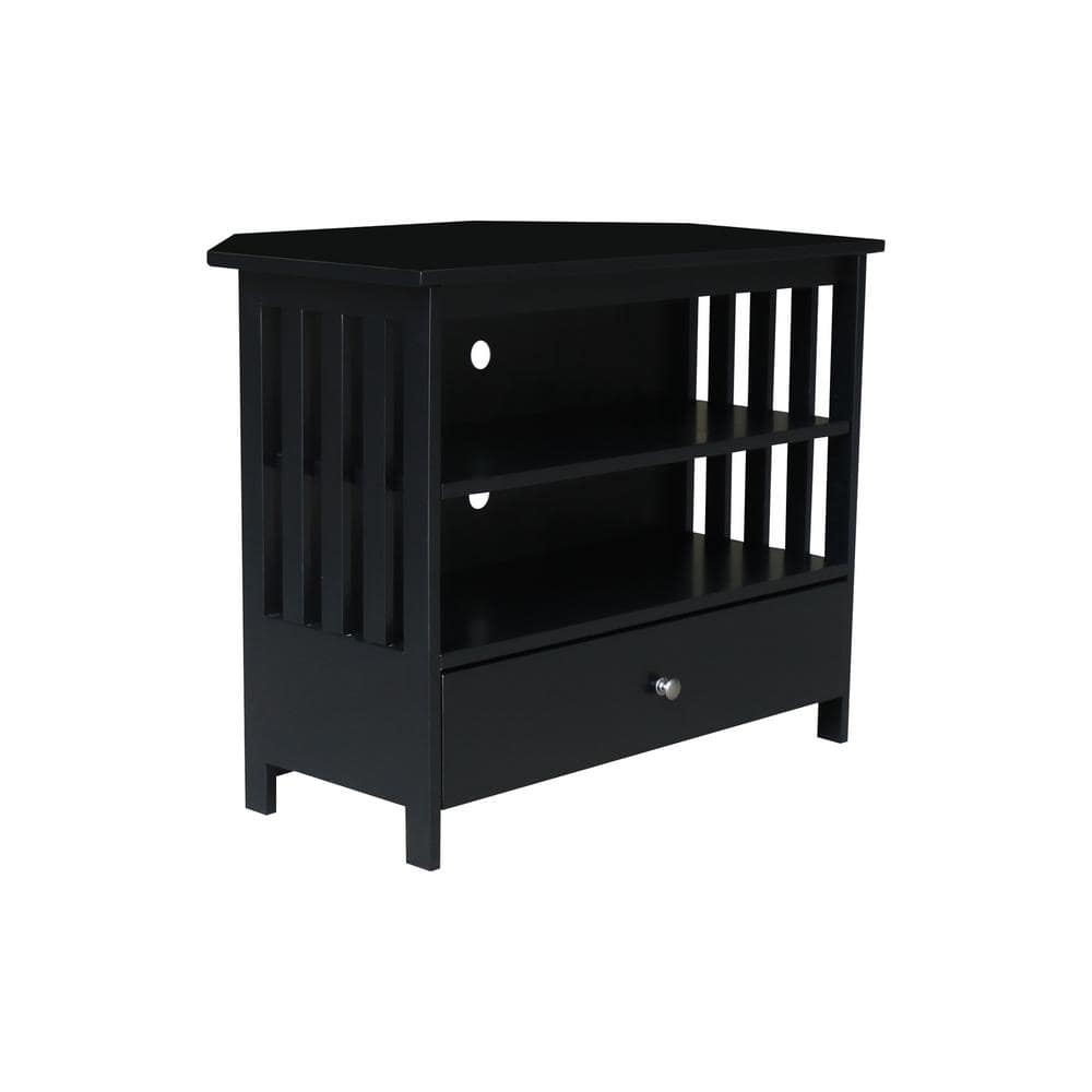 Black Solid Wood Corner TV Stand with Drawer and Shelves