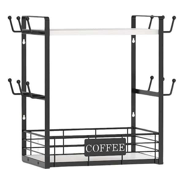 12-Hook White-Black Mug Tree Stand Countertop Organizer 2-Tier Coffee Cup Holder Rack with Storage Shelf