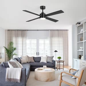 Silvester 52 in. Indoor Black Ceiling Fan with Color-Changing LED Light, Downrod, Unique Blade Design and Remote