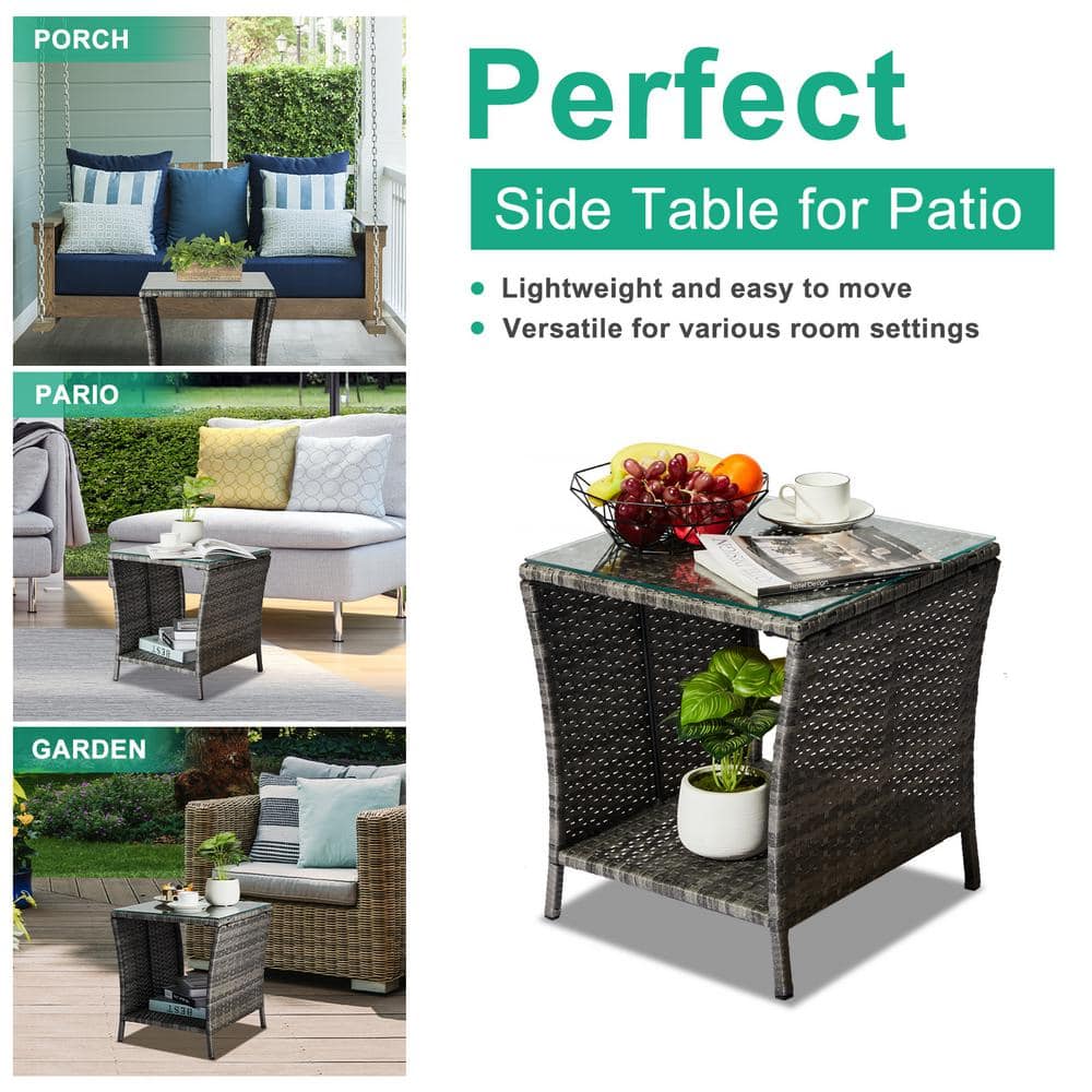 Gray Square Wicker Outdoor End Table with Glass Top and Storage