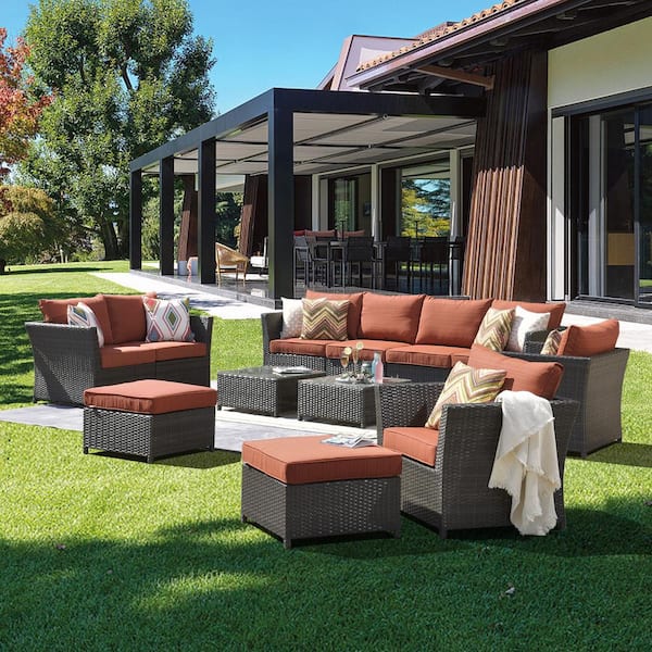 XIZZI Huron Gorden Brown 12-Piece Wicker Outdoor Patio Conversation Sectional Sofa Set with Orange Red Cushions