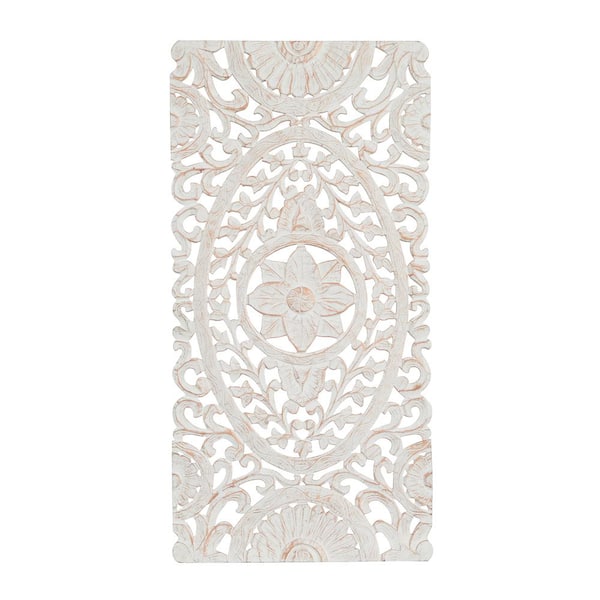 Litton Lane 24 in. x  48 in. Wood White Handmade Intricately Carved Floral Wall Decor with Copper Accents