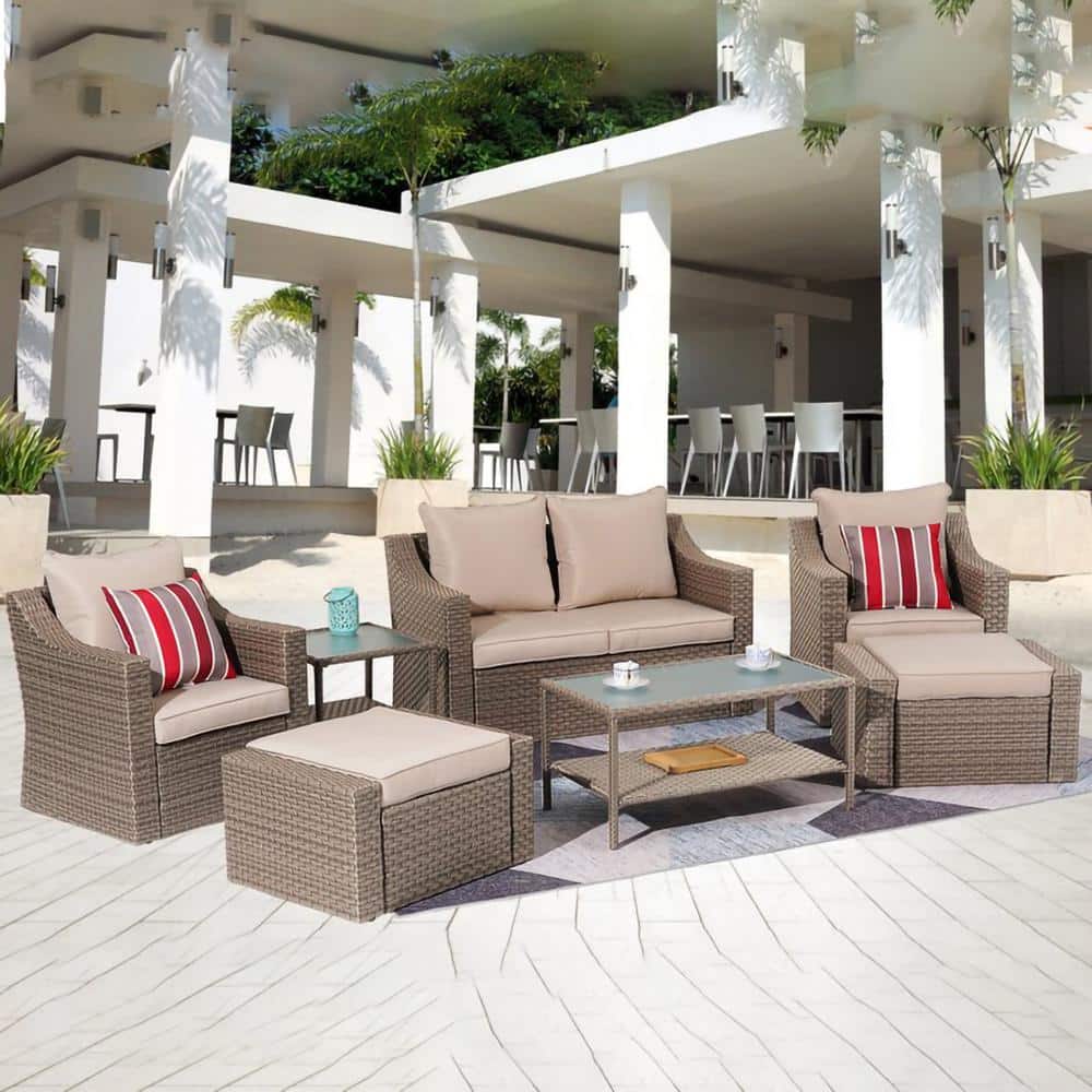 Brown 7-Piece PE Wicker Outdoor Sectional Furniture Cushioned Sofa Set Pati