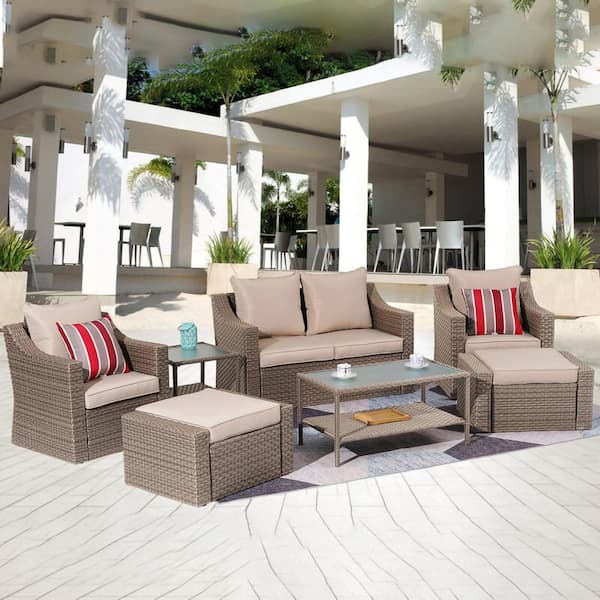 Unbranded Brown 7-Piece PE Wicker Outdoor Sectional Furniture Cushioned Sofa Set Patio Rattan Conversation Set with Beige Cushion
