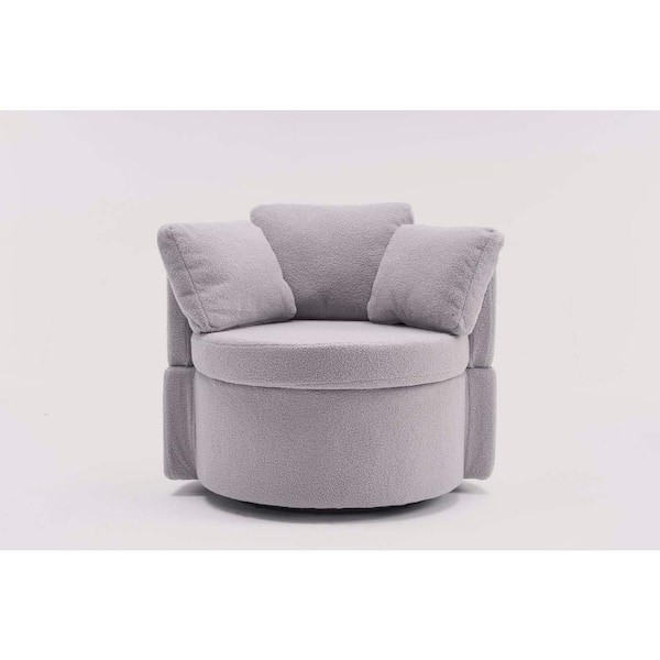 wetiny Light Gray Teddy Fabric Swivel and Storage Barrel Chair with Back Cushion