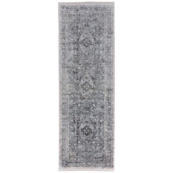 Gray, Silver 2 ft. x 12 ft.  Oriental Runner Rug