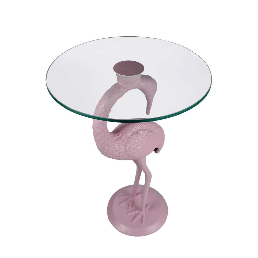 Blanche Pink Flamingo Round Glass Top Mid-Century End Table
