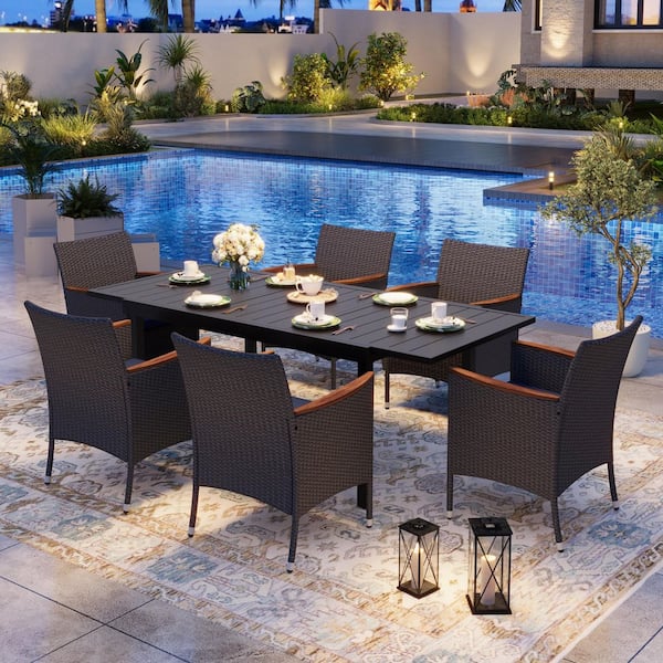 Black 7-Piece Metal Patio Outdoor Dining Set with Extendable Table and Rattan Chairs with Blue Cushion