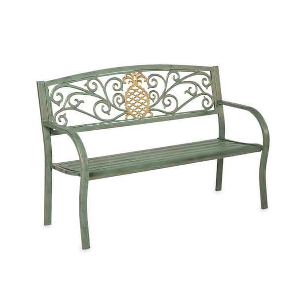 Evergreen Pineapple 50 in. Verdigris Metal Outdoor Garden Bench