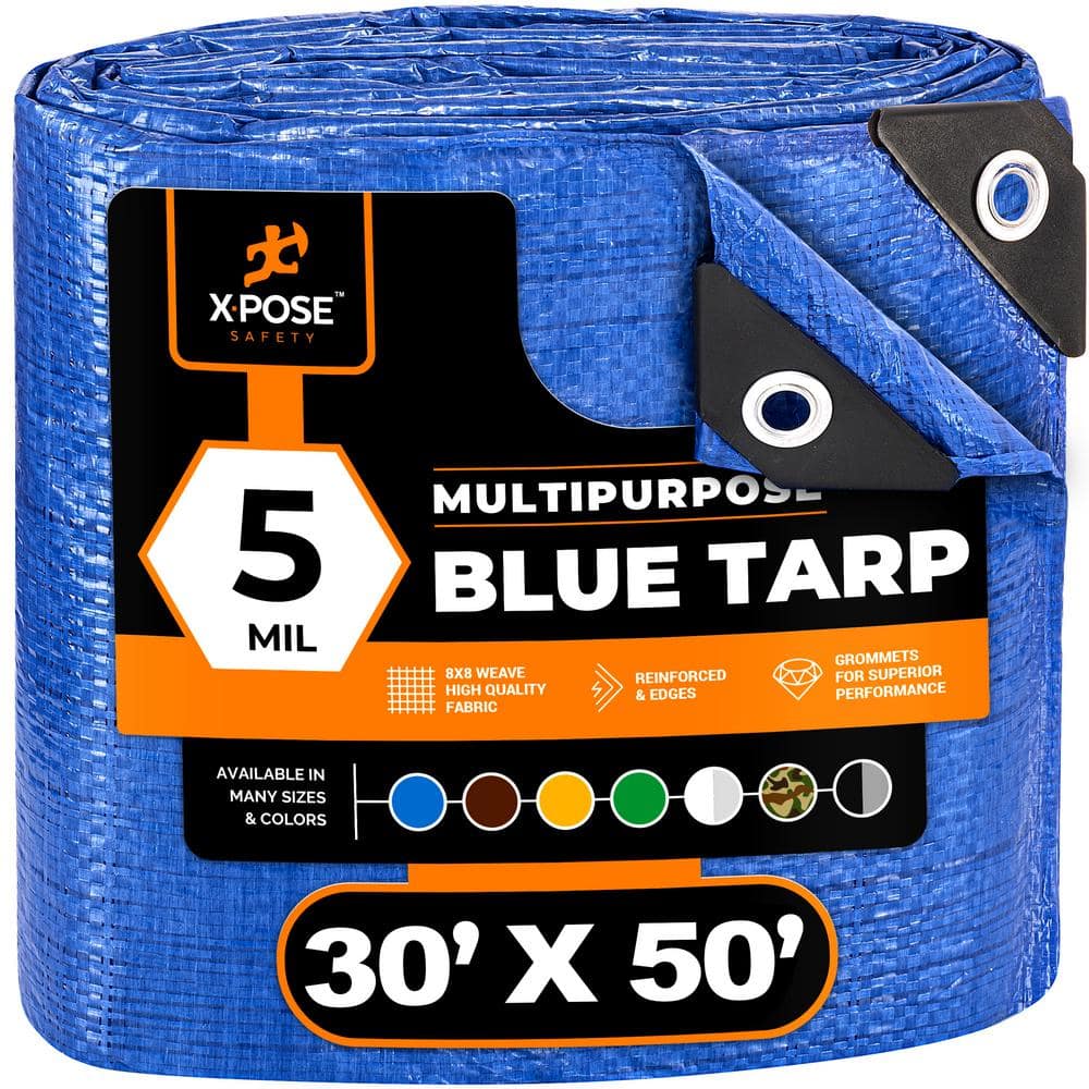 Xpose Safety Better Blue Poly Tarp 30  x 50  - Multipurpose Protective Cover - Lightweight  Durable  Waterproof  Weather Proof - 5 Mil Thick Polyethylene