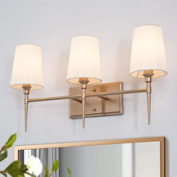 Modern Gold Bathroom Vanity Light 23 in. 3-Light Mid-century Arched Mirror Sconce Bath Vanity Light with Fabric Shades